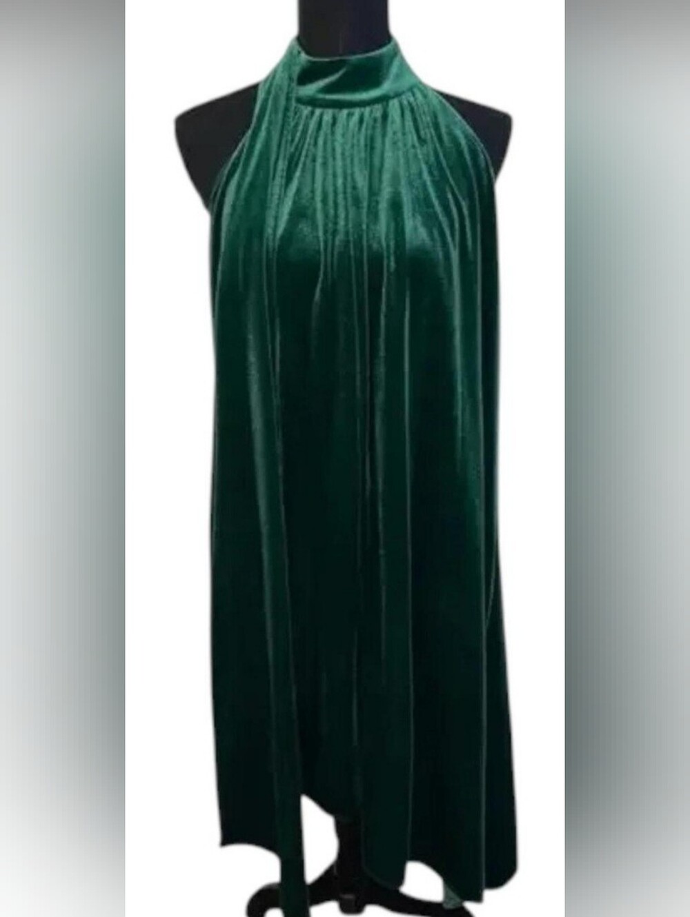 NWT Belle Badgley Mischka Stretch Velvet Drape Halle Dress dark green shade.